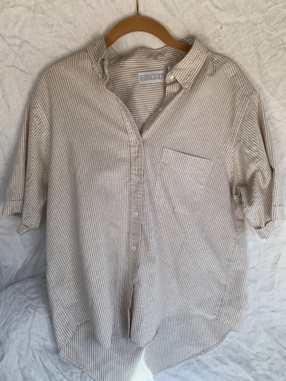 Clean neutral minimalist button down land's end shirt, women's 16, white stripe